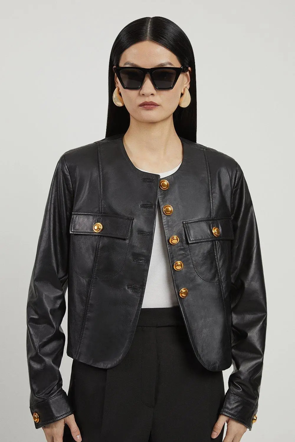 Leather Button Through Collarless Jacket | Karen Millen UK + IE + DE + NL