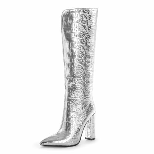 LIWA LIRO Knee High Boots Women Slim Calf Block Heel Pointed Toe Tall Boots Pull On Silver Size 11.5 | Amazon (US)