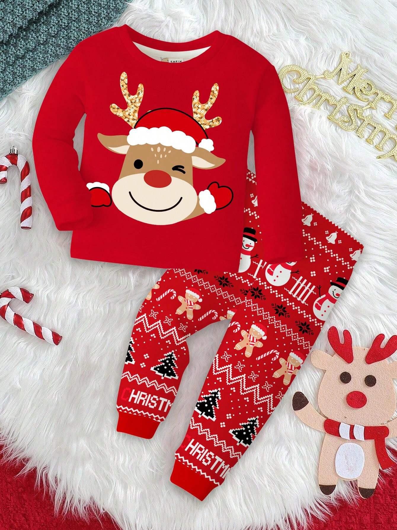 SHEIN Young Girl's Christmas Casual Cute Cartoon Deer, Christmas Geometric Floral Fairisle Patter... | SHEIN