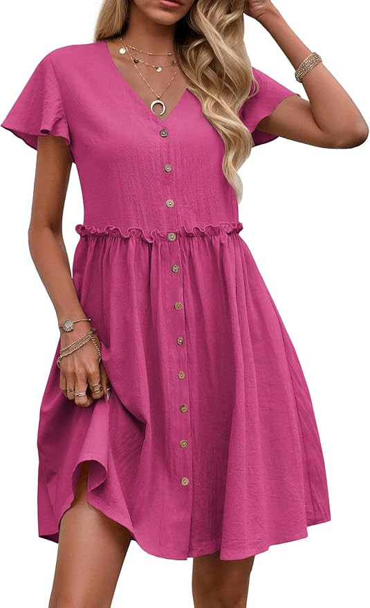 Zeagoo Button Down Summer Dress 2025 Spring Flutter Sleeve Cotton Linen Dress with Pockets Beach ... | Amazon (US)