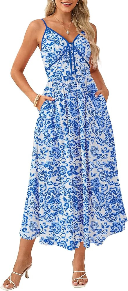 GRACE KARIN Womens Summer Floral Sundresses Spaghetti Strap Maxi Boho Beach Dress Wedding Guest F... | Amazon (US)