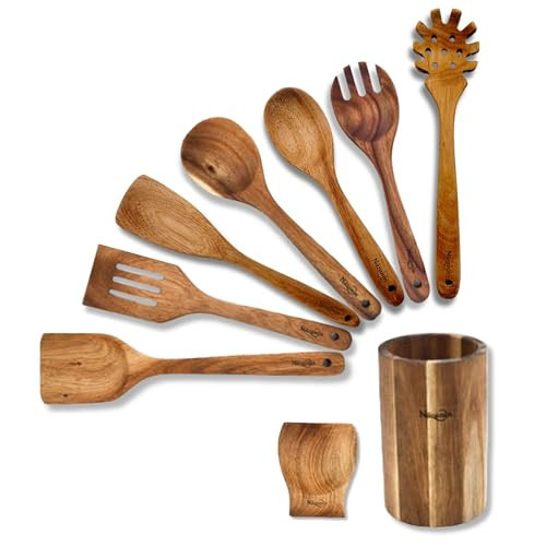 NAZANIN 9-Piece Natural Acacia Wood Kitchen Utensil Set with Holder & Spoon Rest, Wooden Spoon Set for Nonstick Pans & Cookware, Durable, Lightweight, Heat Resistant, & Non-Scratch Cooking Spoons | Amazon (US)