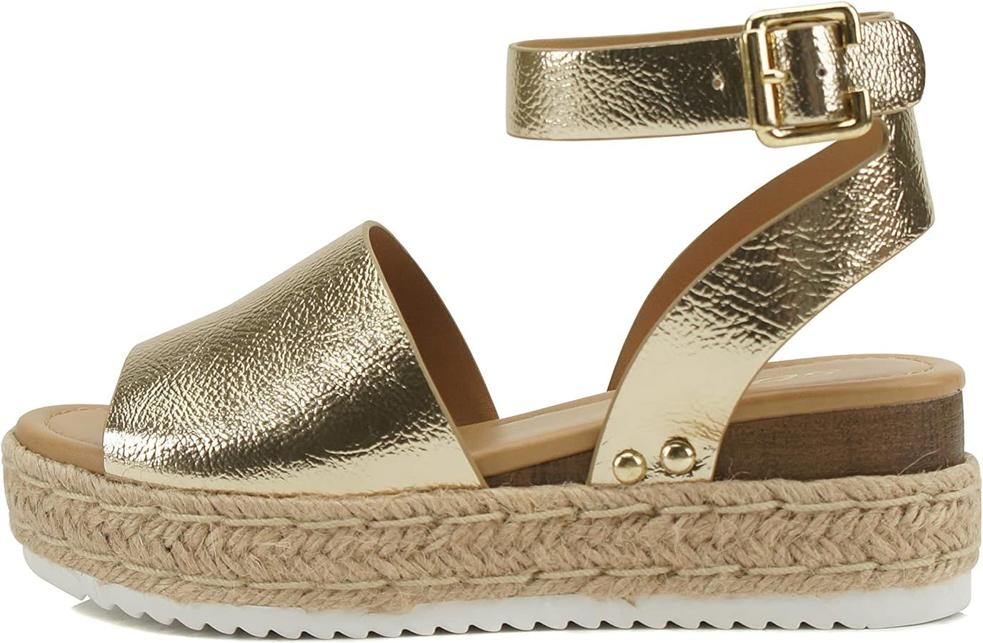 Soda Topic Open Toe Buckle Ankle Strap Espadrilles Flatform Wedge Casual Sandal | Amazon (US)