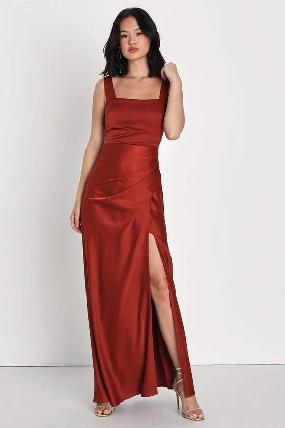 Red Carpet Romance Rust Orange Satin Square Neck Maxi Dress | Lulus (US)