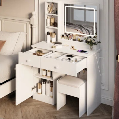 White Vanity Desk With Mirror And Lights - Stylish Design Quality Table 3 Color Elegant, 2 Drawers, | Wayfair North America