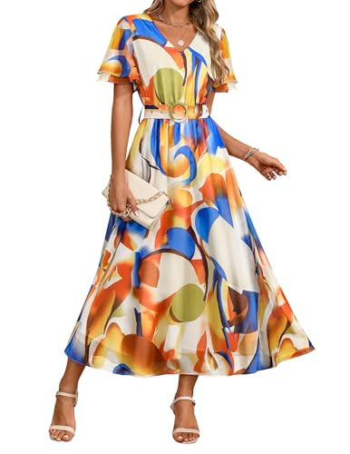 ZESICA Women's 2026 Summer Floral V Neck Midi Dress Boho Short Sleeve High Waist Flowy Beach Vaca... | Amazon (US)