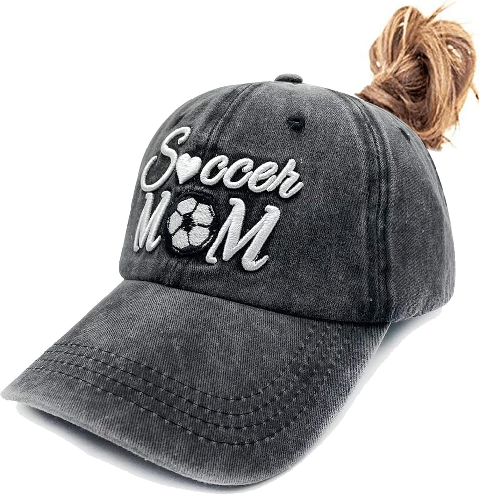Waldeal Soccer Mom Ponytail Hats for Women, Adjustable 3D Embroidered Mama Messy Bun Ponycap Blac... | Amazon (US)