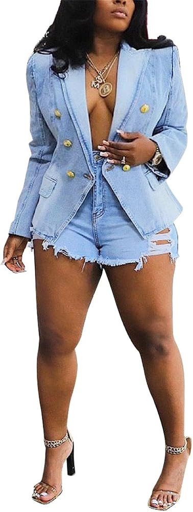 YOOTIKO Womens Jean Blazer Lapel Open Front Button Up Long Sleeve Casual Work Denim Jacket Coat | Amazon (US)