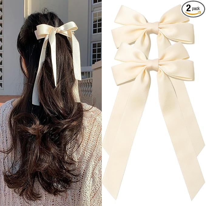 Silky Satin Hair Accessories - 2PCS Beige Ribbon Alligator Clips with Bows, Ponytail Holders for ... | Amazon (US)