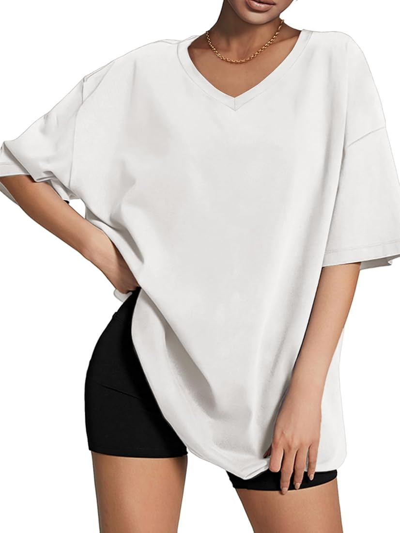 ATHMILE Womens Oversized T Shirts V Neck Tees Half Sleeve Cozy Comfy Tunic 2024 Y2K Tops Casual | Amazon (US)