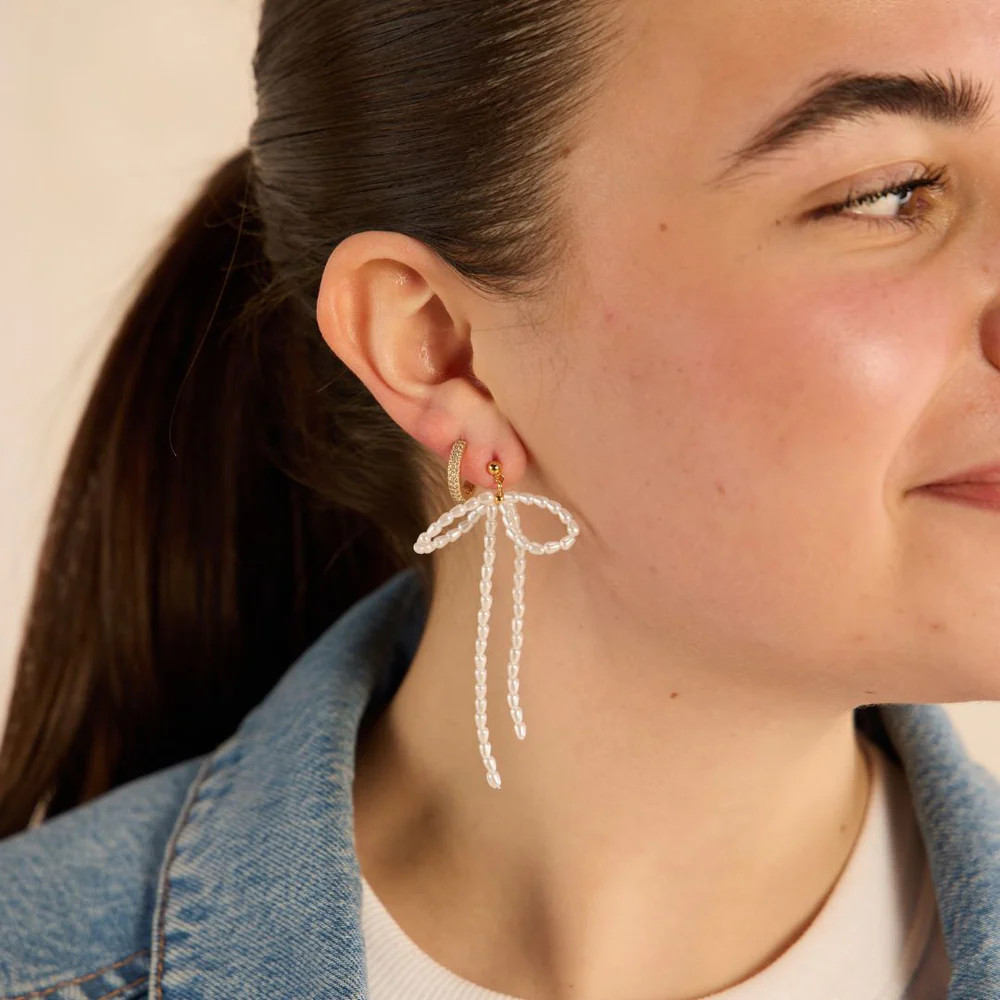 Pearl Bow Drop Earrings | Nickel and Suede