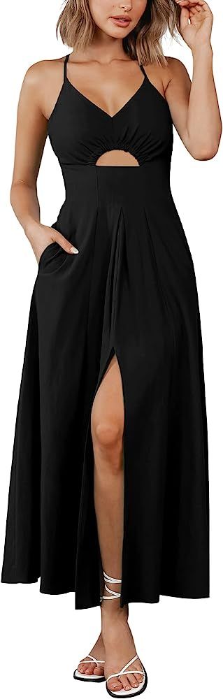 Zenlonr Women's Summer Spaghetti Strap Dresses 2024 Casual Sleeveless V Neck Cutout High Split Be... | Amazon (US)