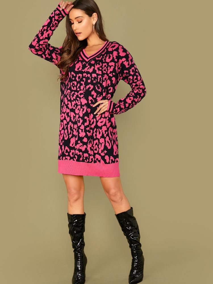 Drop Shoulder Leopard Sweater Dress | SHEIN