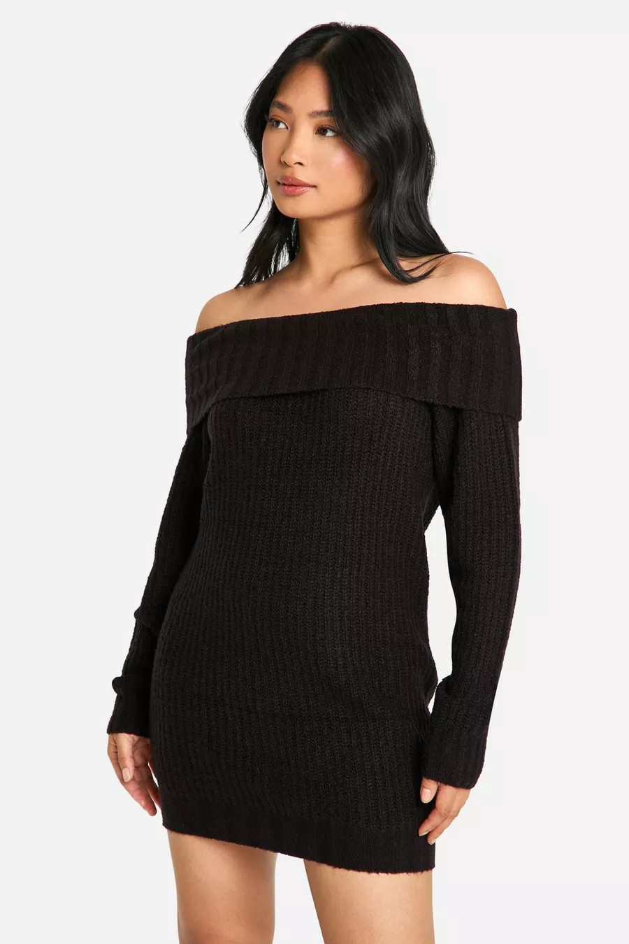 Petite Wide Rib Bardot  Neckline Mini Jumper Dress | Boohoo.com (UK & IE)