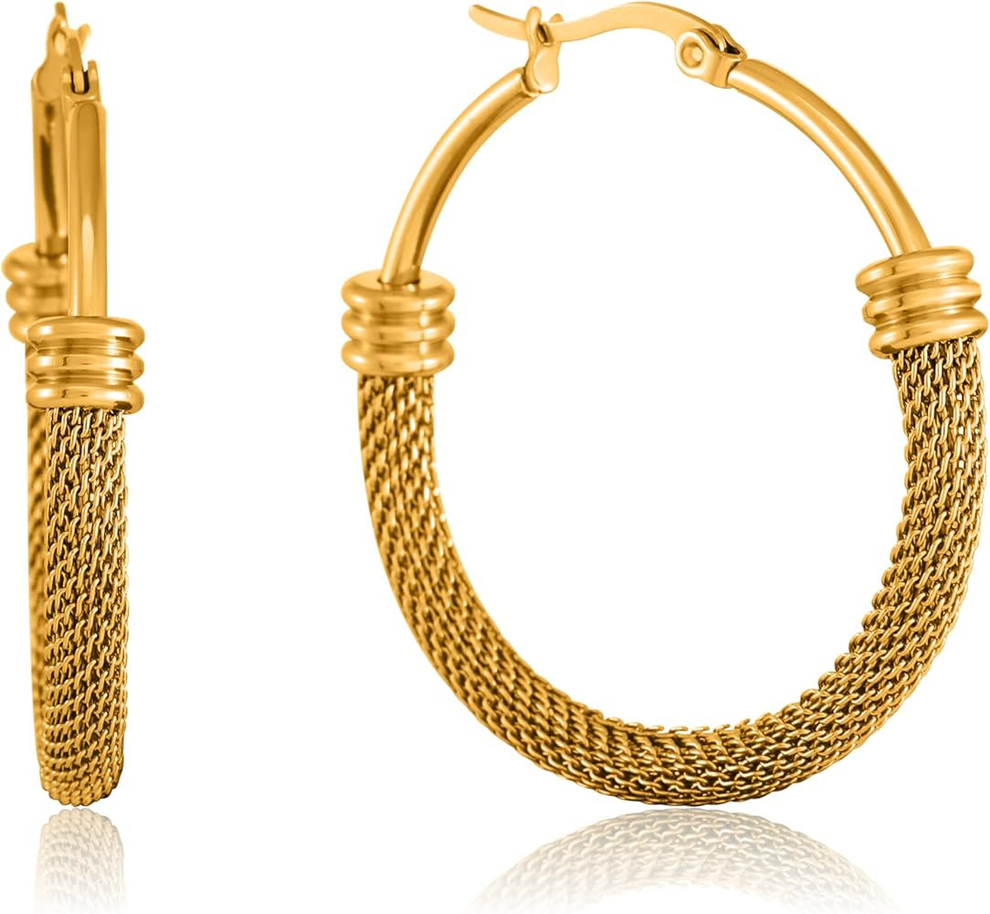 18K Gold Hoop Earrings for Women -Hypoallergenic 304 Stainless Steel Large Mesh Hoops, Elegant Pa... | Amazon (US)