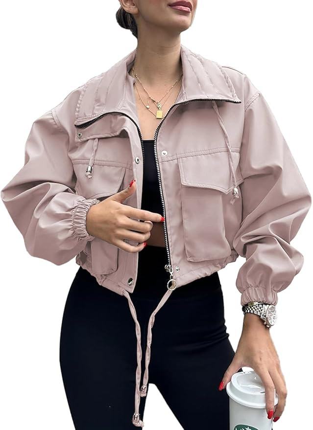 Tankaneo Womens Cropped Jacket Zip Up Lightweight Oversized Utility Anorak Coat with Pockets | Amazon (US)