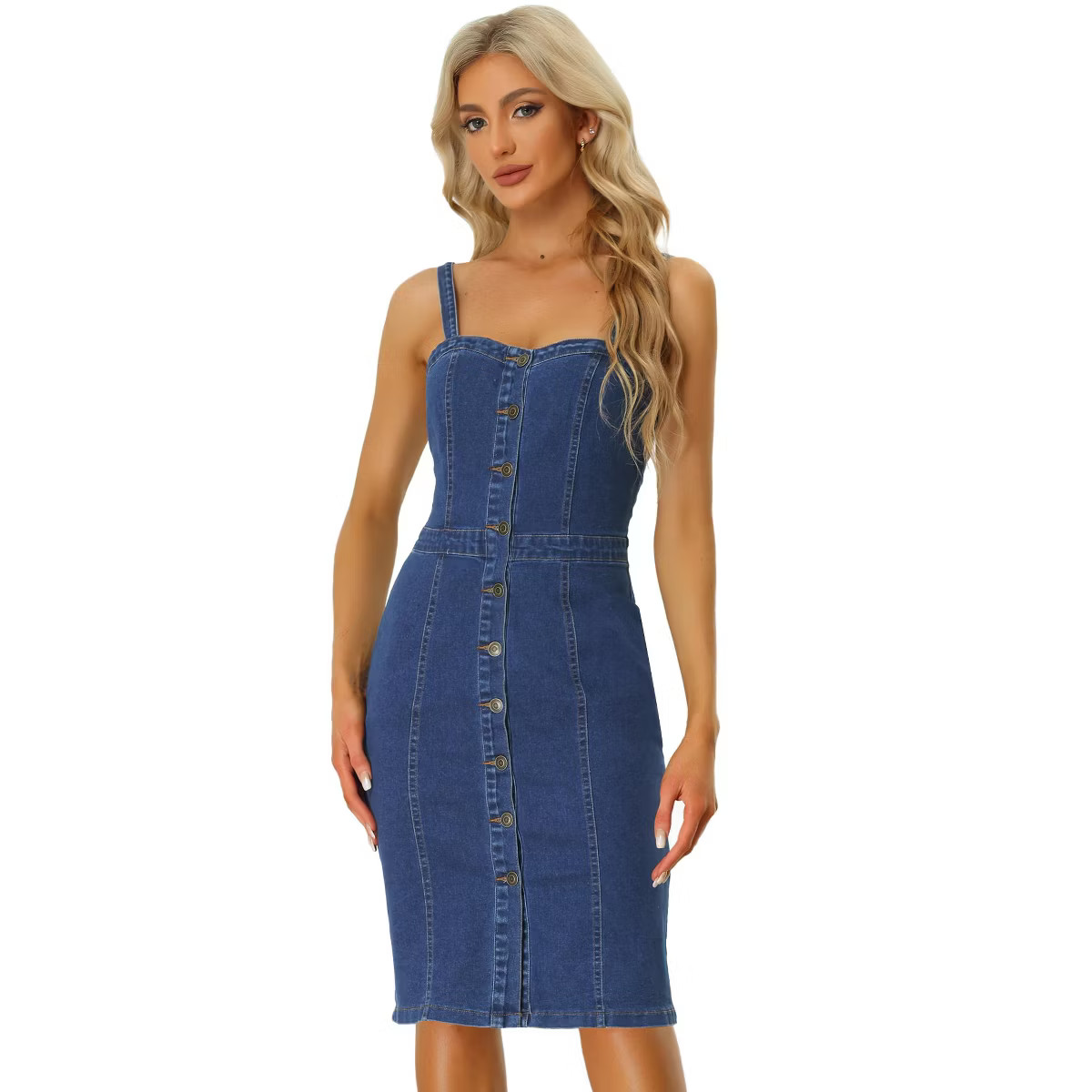 Allegra K Women's Sweetheart Neckline Straps Sleeveless Button Down Denim Dresses | Target