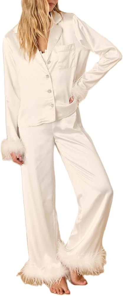 Argeousgor Women 2 Piece Satin Feather Pajama Set Long Sleeve Striped Tops Elastic Waist Patchwor... | Amazon (US)