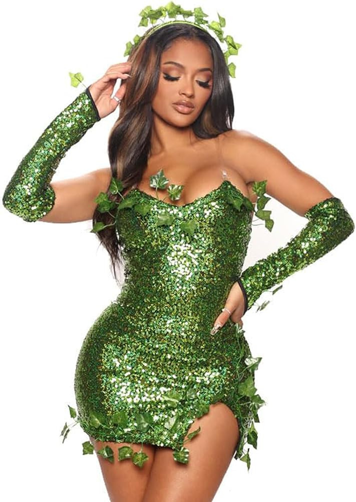 Women Halloween Cospaly Costume Deluxe Green Ivy Dress Fake Leaves Sequin Dress with Gloves+Headw... | Amazon (US)