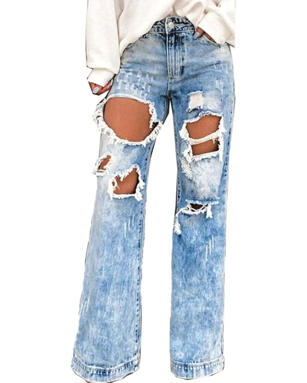 utcoco Womens Baggy Distressed Boyfriend Jeans Ripped Wide Leg Jeans for Women | Amazon (US)