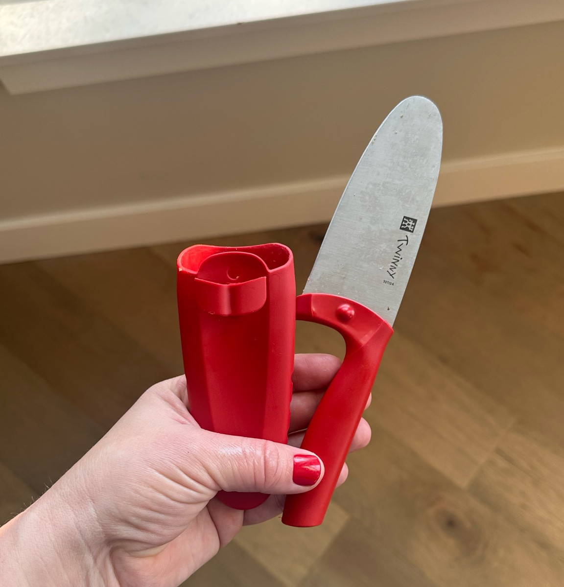 Great kids knife for little helpers! Sharp enough to cut softer foods, but not little fingers  