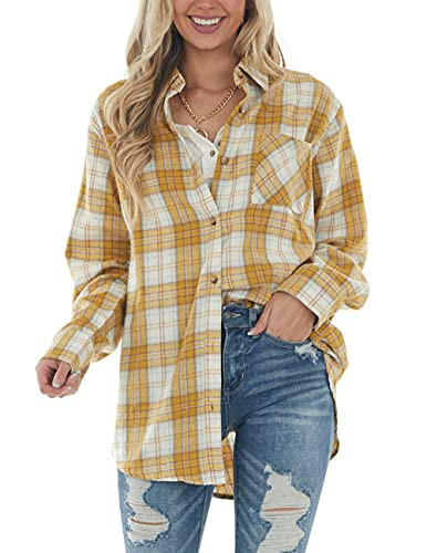 NUOREEL Women’s Plaid Flannel Button Down Shirt Long Sleeve Casual Blouse Top with Pocket (Mustard, Large) | Amazon (US)