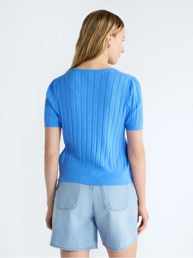 Free Assembly Women's Pointelle Cardigan Sweater with Short Sleeves, Lightweight, Sizes XS-XXL | Walmart (US)