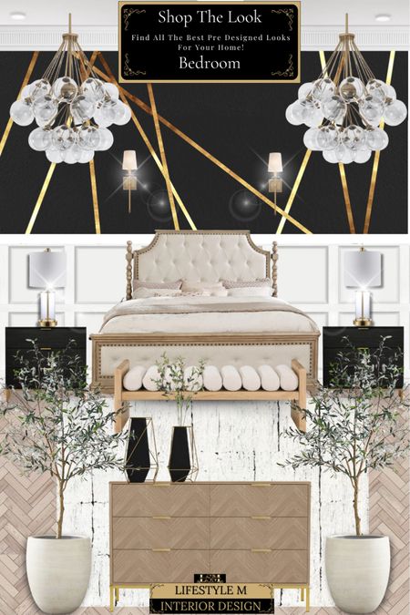 Modern traditional bedroom design with a bit of elegance. Wood tufted bed frame, black gold modern vase, faux olive stem plant, bedroom bench, modern wood gold dresser, black gold night stand, white black stripe rug, white beige tree planter pot, faux olive tree, glass gold table lamps, glass modern chandelier, gold wall sconce.

#LTKhome #LTKsalealert #LTKstyletip