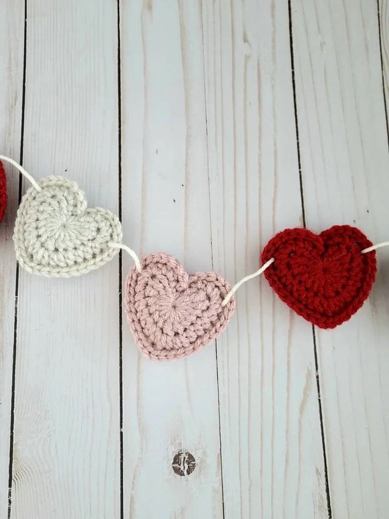 Valentine decor - pink red heart garland - hearts decor - fireplace decor - crochet heart garland... | Etsy (US)