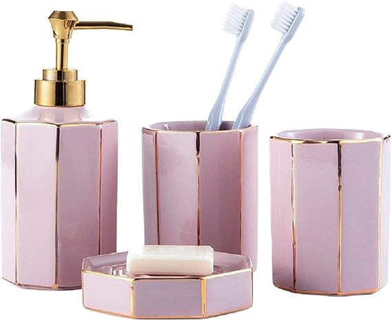 WPM WORLD PRODUCTS MART 4 Piece Ceramic Bathroom Accessories Set - Blush Rose Pink Gold - Complet... | Amazon (US)
