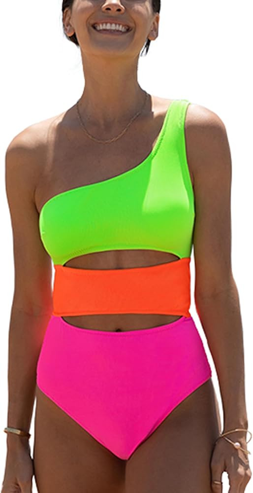 popvil Women's Sexy One Shoulder Swimsuit Cut Out Color Block One Piece Bathing Suit | Amazon (US)