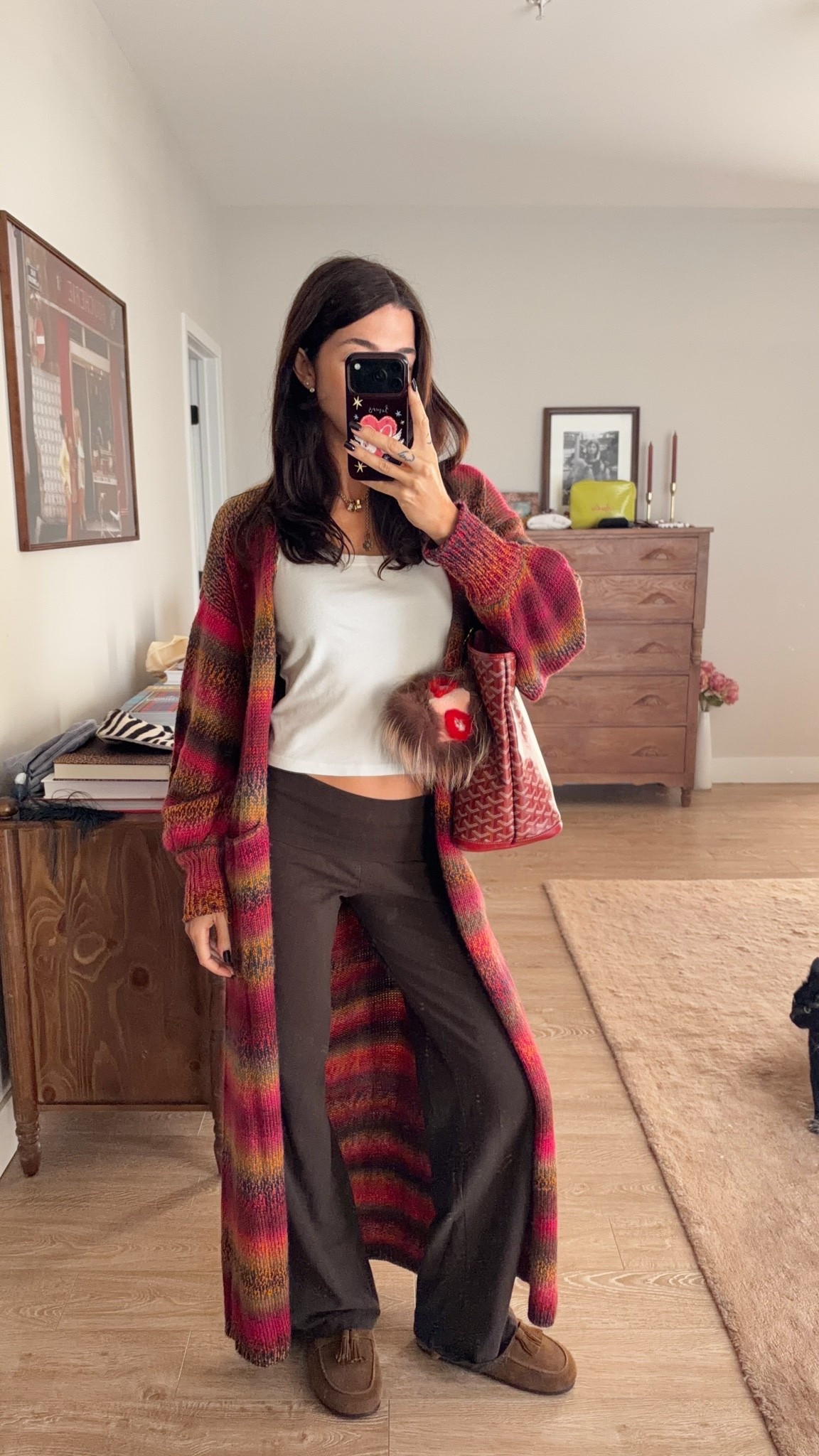 Cozy fall outfit! S tank top, S in cardigan and OS pants! Got a 9 in mules (originally 8.5)