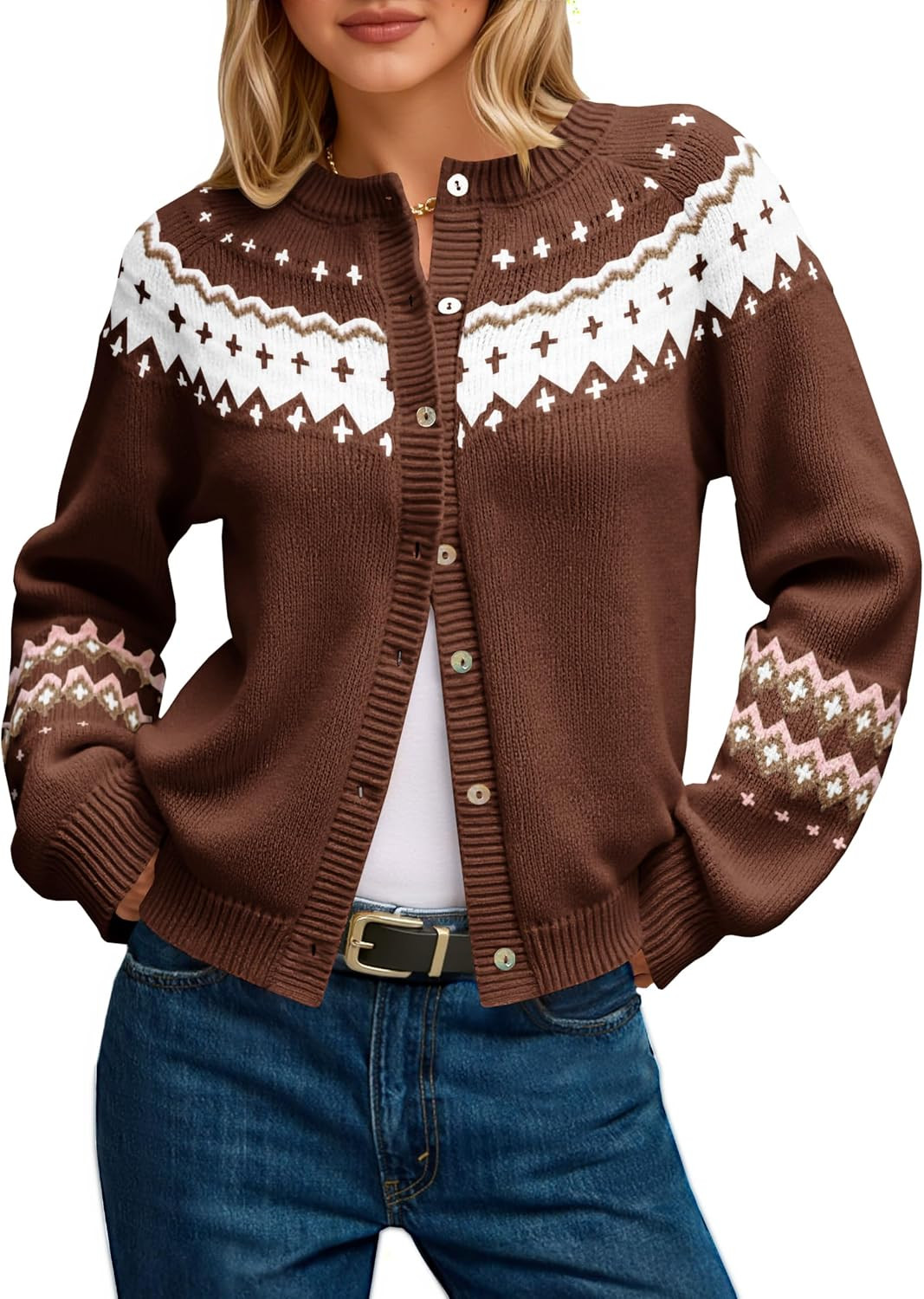 Saodimallsu Womens Fair Isle Sweater Button Up Long Sleeve Cardigans Crew Neck Open Front Knit Vintage Sweater Coats | Amazon (US)