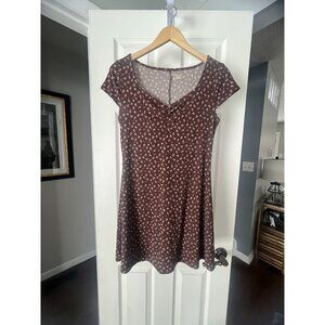 No Boundaries Brown Floral Dress Womens Medium Fit Flare Ruched Short Sleeve | Poshmark