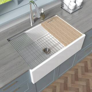 Workstation Kitchen Sink 30 in. White Porcelain Farmhouse Sink Apron Front Single Bowl Kitchen Sink with Accessories | The Home Depot