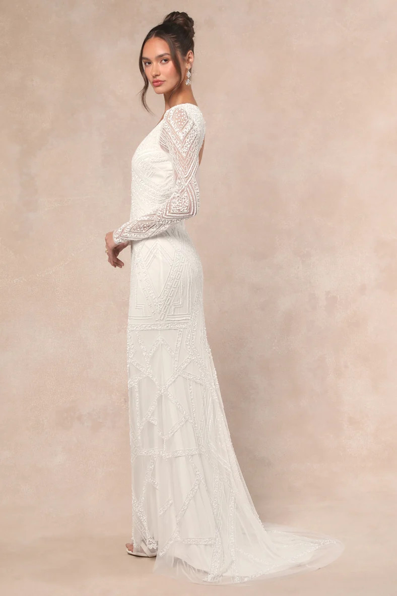 Deedra White Sequin Beaded Backless Maxi Dress | Lulus