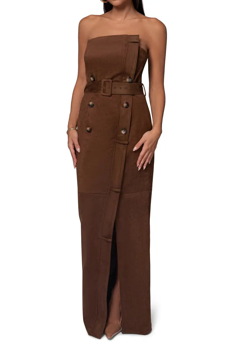 Chocolate Xena Belted Strapless Faux Suede Maxi Dress | Nordstrom