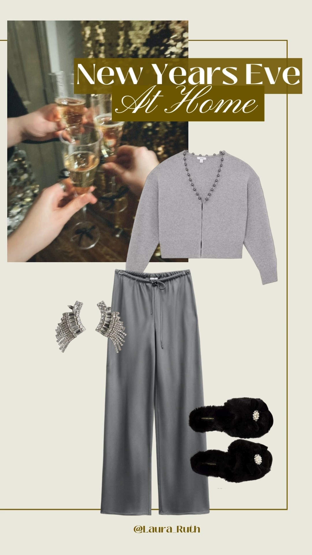 New Year’s Eve at home outfit ideas ✨ chic cosy NYE look with a soft knit cardigan, satin wide-leg pants, statement earrings & cosy slippers. Perfect for staying in or hosting at home 🥂 

#LTKuk #LTKpartywear #LTKfestive