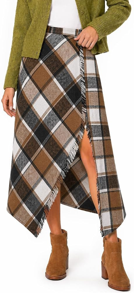 Yousify Plaid Skirts for Women Wrap Asymmetrical Hem Tartan Slit Midi Skirt | Amazon (US)