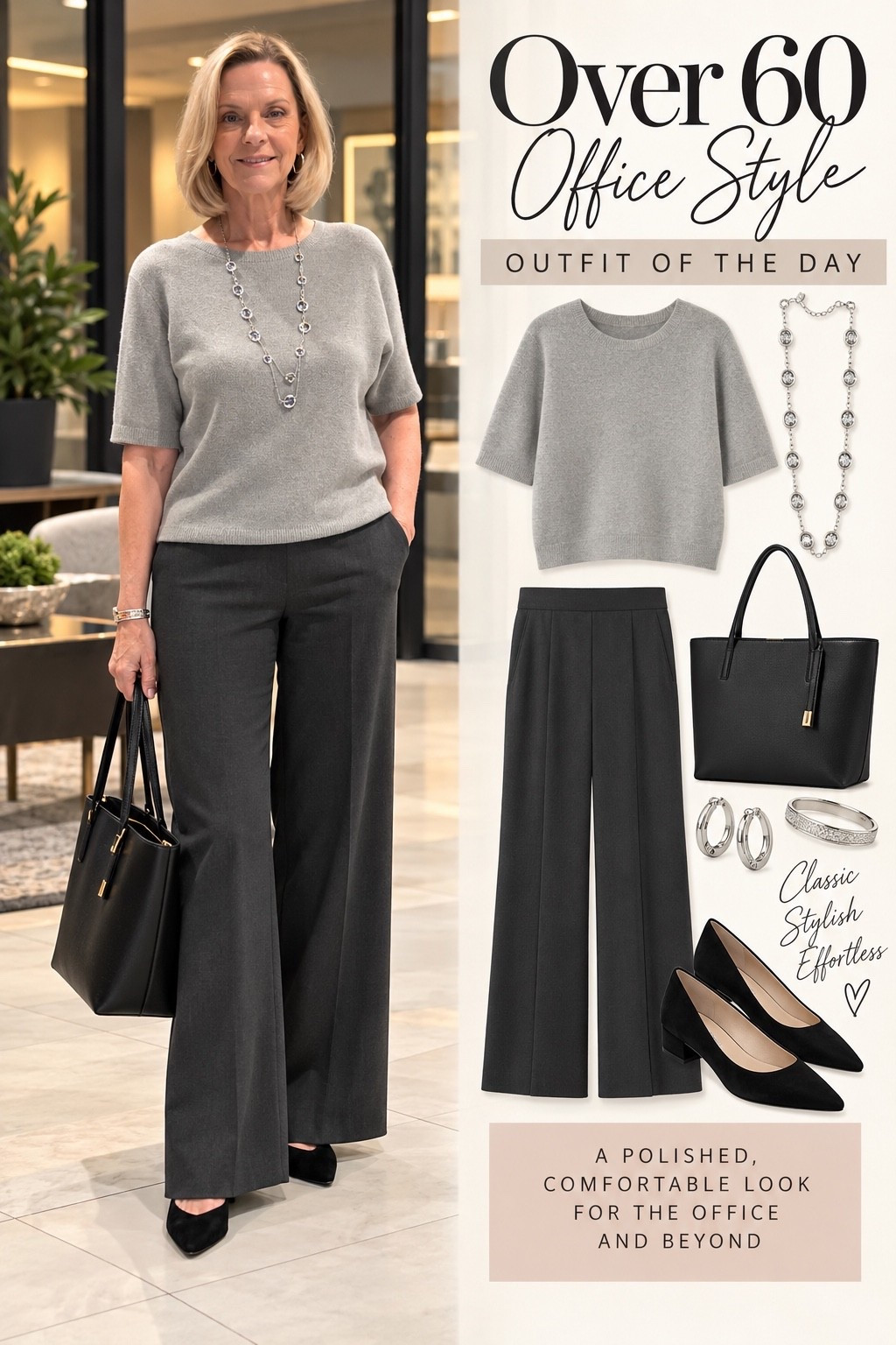 Thursday’s office look 🤍 Keeping it classic, polished, and comfortable with soft gray, charcoal wide-leg trousers, black pointed shoes, and simple silver accessories.

Proof that style over 60 can be modern, effortless, and work-ready. ✨

Shop my Thursday outfit and similar pieces right here on LTK!

#LTKOver40 #LTKWorkwear #LTKStyleTip #OfficeStyle #Over60Style

#LTKootd #LTKOver40 #LTKWorkwear