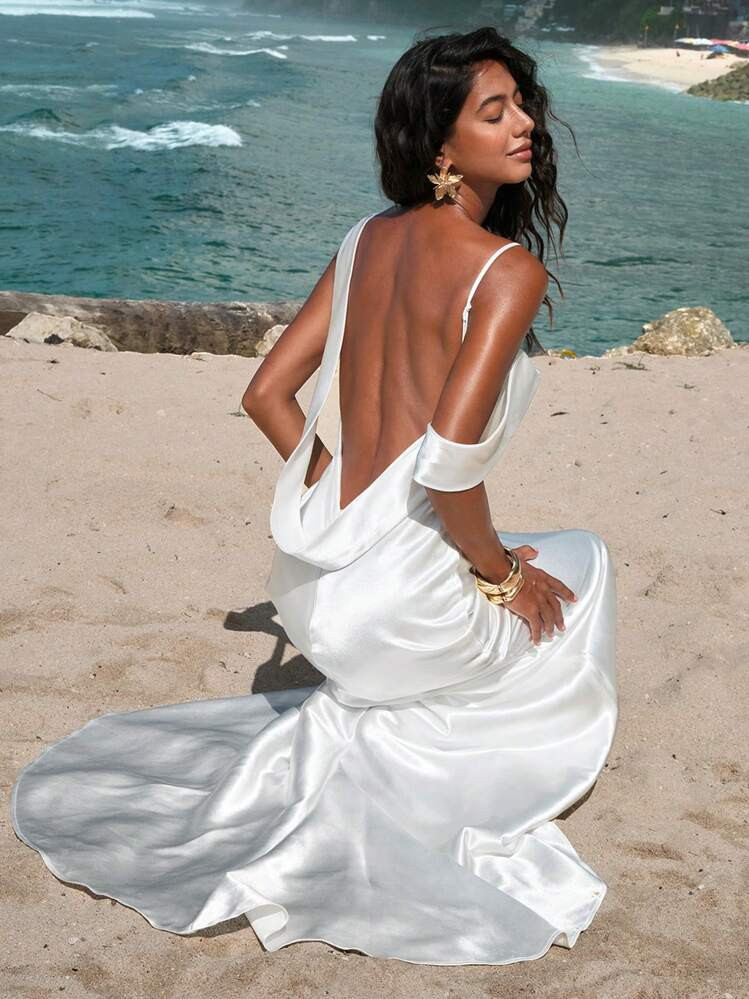 Beach Fairycore Wedding Party Elegant Sexy Bridal Shower Dress White Women's Woven Long Dress With Open Back, Solid Color,Tea Party Dress,Backless Dress,Bohemia,Sexy Elegant Party,Graduation,Prom,Luxury Evening,Autumn Winter Clothes For Women, National Day, New Year Clothes,Wedding Guest, Mermaid, Bohemian Outfits, Ibiza Outfits, Western Style | SHEIN
