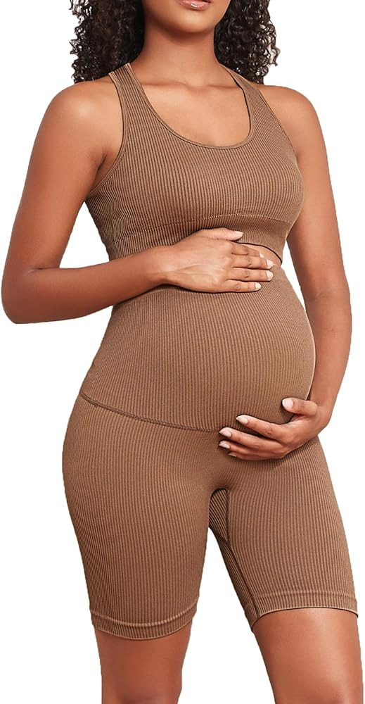 Women's Maternity 2 Piece Outfit Set - Bra & Shorts for Pregnancy - Yoga workout Lounge Wear Sets | Amazon (US)