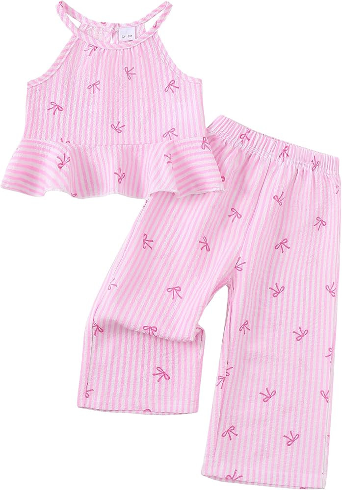 Kucnuzki Baby Girl Clothes Toddler Girl Summer Outfits Sleeveless Ruffle Halter Tops Wide Leg Pan... | Amazon (US)