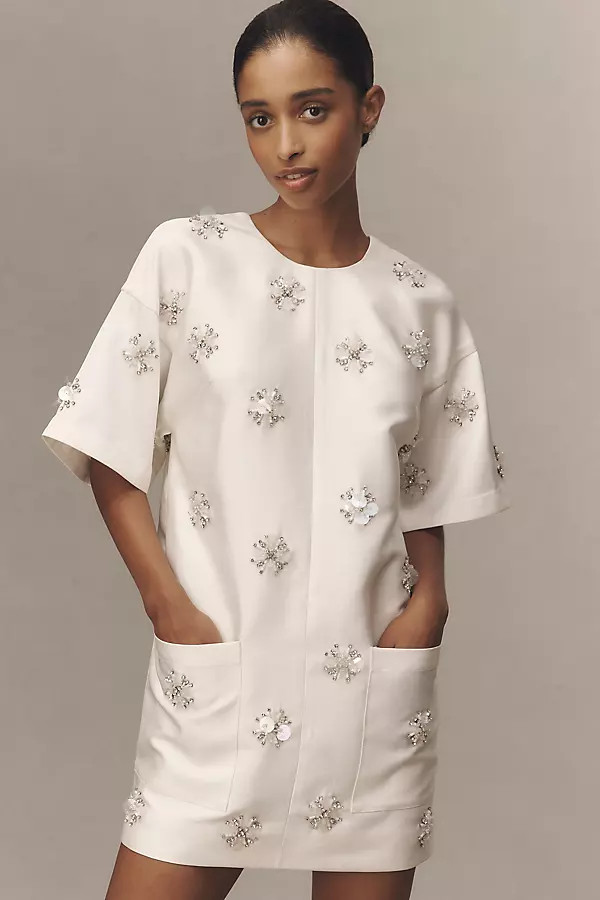 BHLDN Short-Sleeve Crew-Neck Beaded Mini Dress | Anthropologie (US)