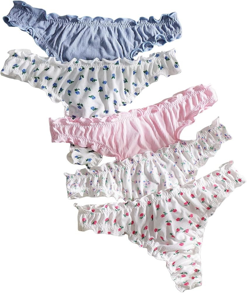 GORGLITTER Women's 5pack Floral Print Low Rise Panty Set Frill Trim Textured Soft Underwear | Amazon (US)