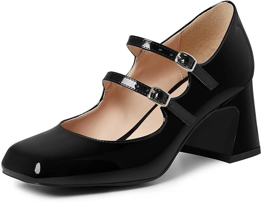 Goiphrri Mary Jane Pumps for Women Square Toe Double Strap Block Heels Fashion Office Work Dress ... | Amazon (US)