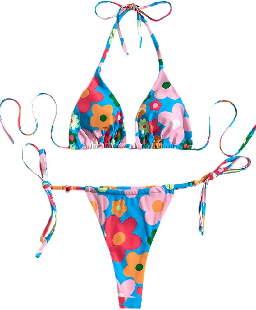 SOLY HUX Women's Frill Trim Halter Triangle Tie Side Bikini Set Two Piece Swimsuits | Amazon (US)