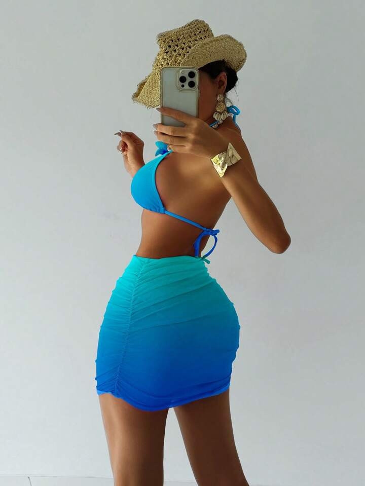 Swim SXY Elegant Cute Sexy Ombre Color Bikini Set And Chiffon Mini Skirt, Swimsuit | SHEIN