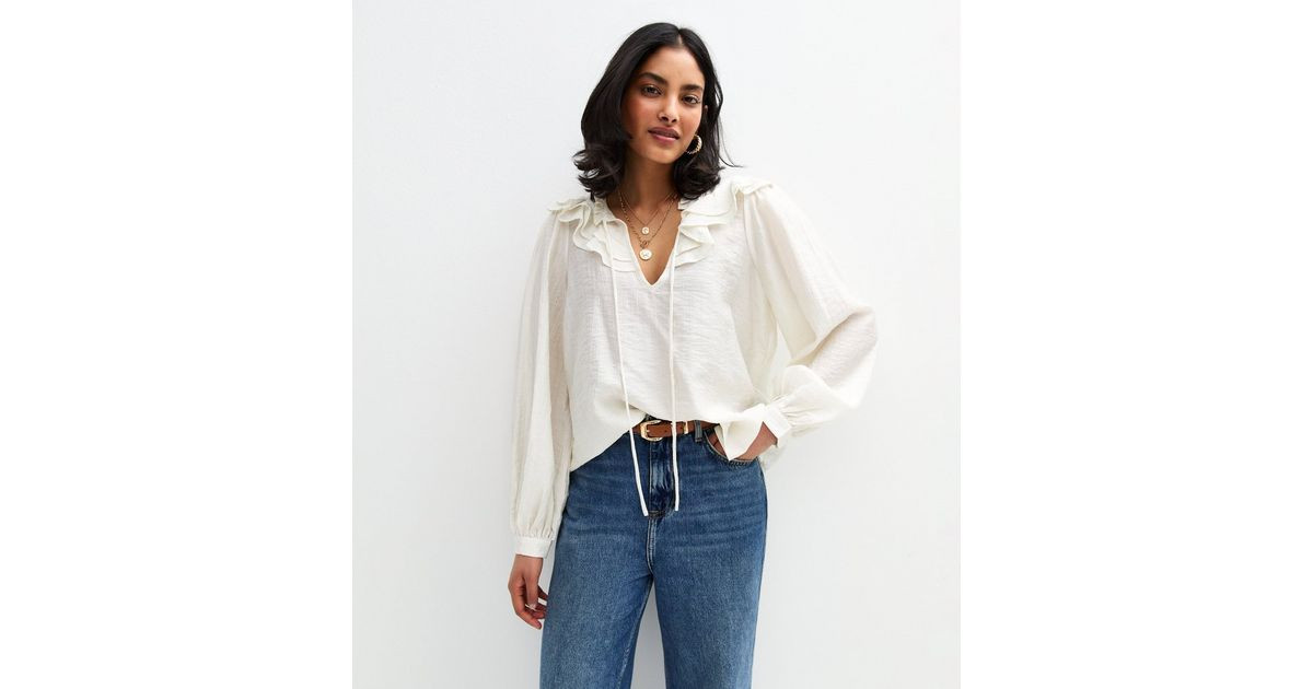 White Frill Trim Tie Neck Blouse | New Look | New Look (UK)