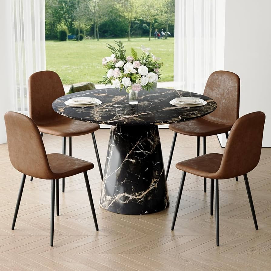 Modern Round Dining Table Set for 4, Black Round Kitchen Table Sets for 4, Modern Faux Marble Rou... | Amazon (US)